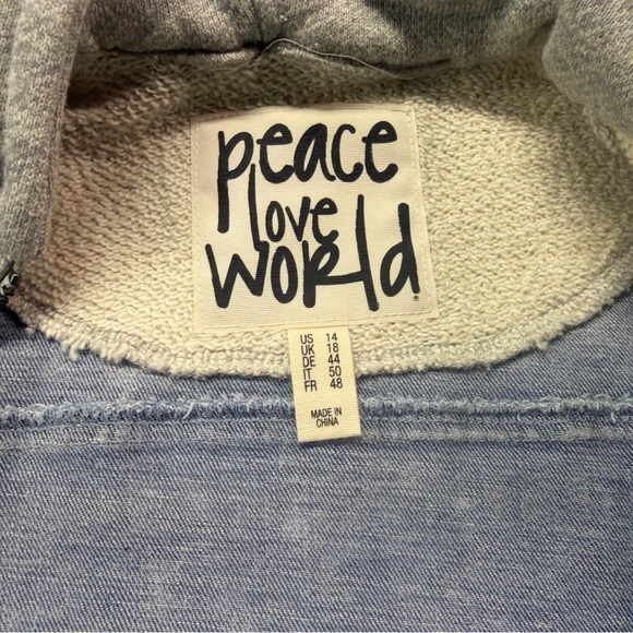 Peace Love World Women Light Blue Gray Hooded Denim Jacket Zip Pockets Size L - Picture 9 of 9
